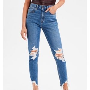 American Eagle Light Wash Distressed Mom Jeans High Rise Raw Hem